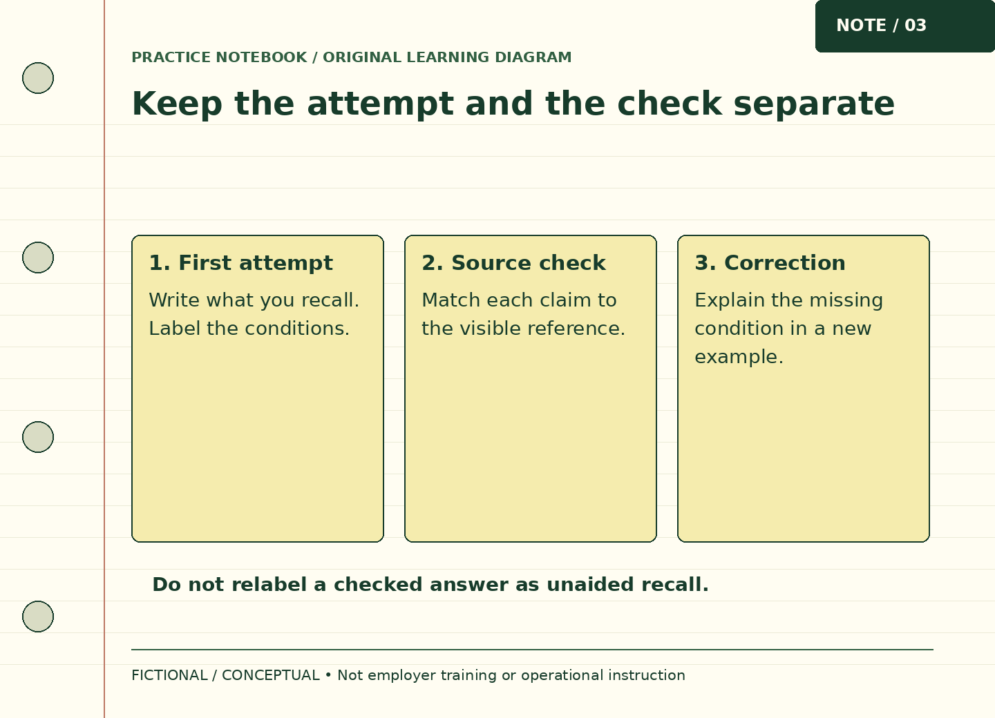 Three adjacent note cards show a first attempt, a source check and a correction; the labels distinguish memory from verification.