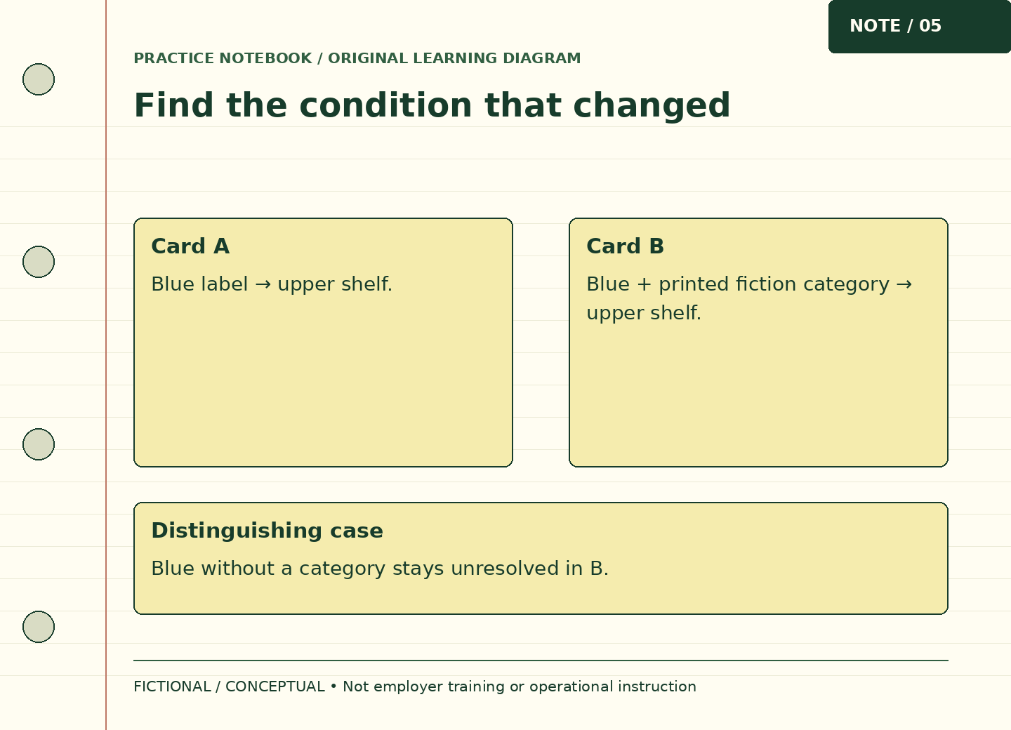 Side-by-side cards compare a color-only rule with a color-and-category rule. A bottom strip names the distinguishing unlabeled-category case.